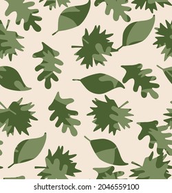 seamless pattern with autumn overlap leaves on half white background. Beautiful dark green with light green autumn print for any kind of a design.