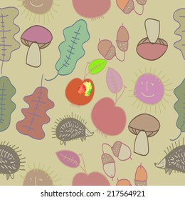 Seamless pattern of autumn pale colored  motifs on a pale  background. Handmade.