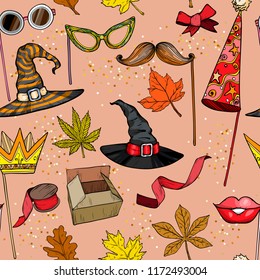 Seamless pattern with autumn party accessories set