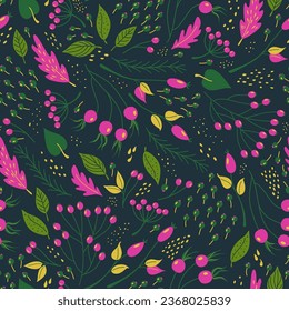 Seamless pattern with Autumn plants. Bright background with falling leaves, berries and tree branches. Vector illustration of abstract forest.