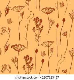 Seamless pattern with autumn plants, field and garden flowers in brown color vector drawing print for wallpaper, textile, fabric, paper, packaging.