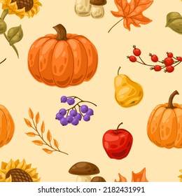 Seamless pattern with autumn plants. Harvest illustration of vegetables and leaves.