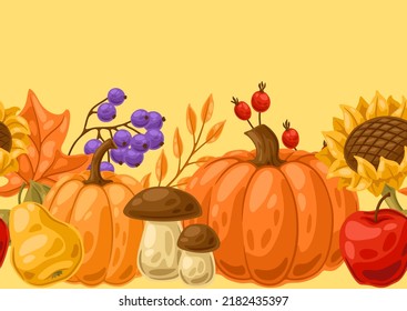 Seamless pattern with autumn plants. Harvest illustration of vegetables and leaves.