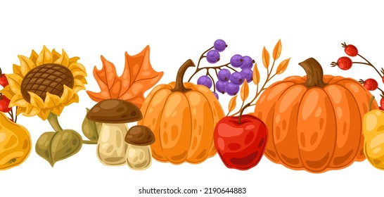 Seamless pattern with autumn plants. Harvest illustration of vegetables and leaves.