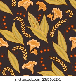 Seamless pattern autumn print with chanterelle mushrooms and lily of the valley berries. Endless texture for textile, announcements, postcards, invitations, posters, banners, fabric, paper. 