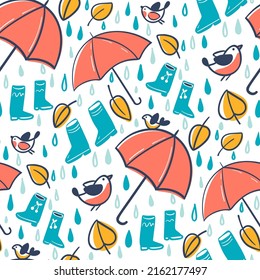 Seamless pattern. Autumn print with umbrellas and birds. Vector illustration