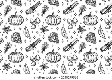 seamless pattern autumn pumpkin black and white vector isolated doodle