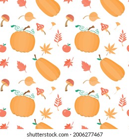Seamless pattern with autumn pumpkin leaves and mushrooms. Fabric print, wallpaper, background image. Vector graphics.