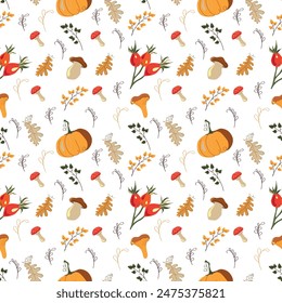 Seamless pattern with autumn pumpkins, autumn berries, leaves, stylized vector graphics Botanical pattern with autumn tree leaves and sprigs with berries on white background.