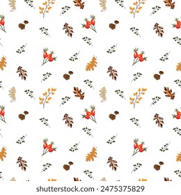 Seamless pattern with autumn pumpkins, autumn berries, leaves, stylized vector graphics Botanical pattern with autumn tree leaves and sprigs with berries on white background.