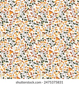 Seamless pattern with autumn pumpkins, autumn berries, leaves, stylized vector graphics Botanical pattern with autumn tree leaves and sprigs with berries on white background.