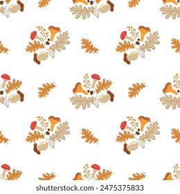 Seamless pattern with autumn pumpkins, autumn berries, leaves, stylized vector graphics Botanical pattern with autumn tree leaves and sprigs with berries on white background.