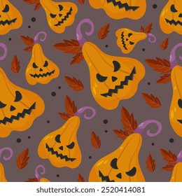 Seamless pattern of autumn pumpkins. Autumn harvest in yellow, brown and purple colors. Halloween background. Great for harvest festival cards, banner, textile, vector design, cartoon style