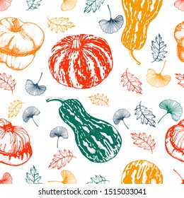 seamless pattern autumn pumpkins and leaves, hand drawing style, vector,