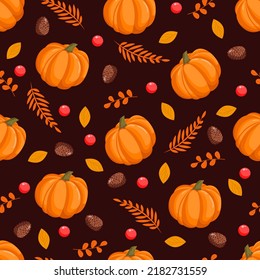 Seamless pattern with autumn pumpkins, leaves, fir cones and red berries. October harvest. Thanksgiving and Halloween. Vector illustration for fabrics, textures, wallpapers, posters, cards.