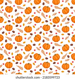 Seamless pattern with autumn pumpkins, leaves, fir cones and red berries. October harvest. Thanksgiving and Halloween. Vector illustration for fabrics, textures, wallpapers, posters, cards.