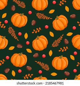 Seamless pattern with autumn pumpkins, leaves, fir cones and red berries. October harvest. Thanksgiving and Halloween. Vector illustration for fabrics, textures, wallpapers, posters, cards.