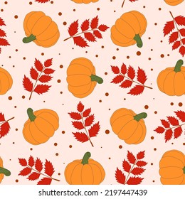 Seamless pattern of autumn pumpkins and leaves. Ripe juicy pumpkins and falling leaves. autumn background. Vector illustration.