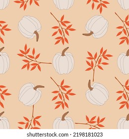 Seamless pattern of autumn pumpkins and leaves. Ripe juicy pumpkins and falling leaves. autumn background. Vector illustration.