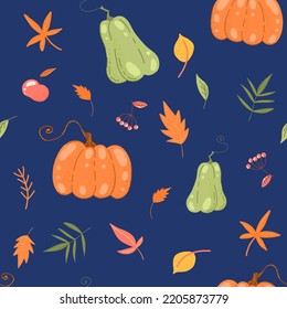 Patrón sin foco de una calabaza otoñal, hojas y una manzana sobre un fondo azul oscuro