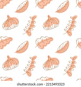 Seamless pattern of autumn pumpkins and leaves. Autumn background. Vector illustration.