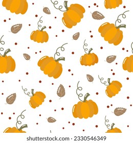 Seamless pattern of autumn pumpkins and leaves. Multicolored autumn harvest in yellow and orange colors. Ripe juicy pumpkins and falling leaves. Autumn background. Vector illustration.