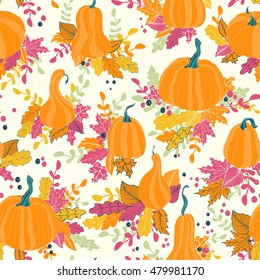 Seamless pattern with autumn pumpkins and leaves. Hand drawn holiday design for Thanksgiving