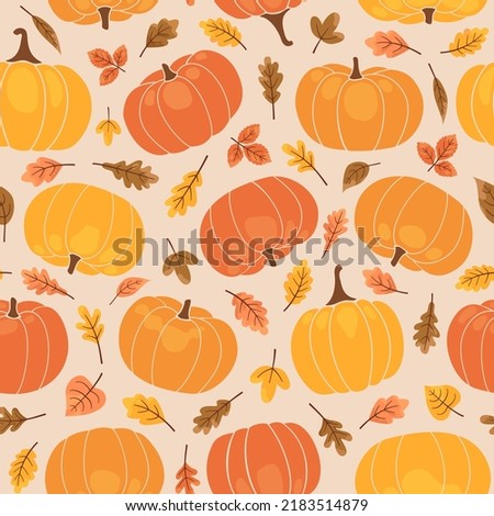 Seamless pattern of autumn pumpkins and leaves. Multicolored autumn harvest in yellow and orange colors. Ripe juicy pumpkins and falling leaves. Autumn background. Vector illustration.