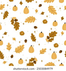 Seamless pattern with autumn pumpkins, oak leaves and acorns. For wrapping paper, fabric and other decorations. Vector illustration