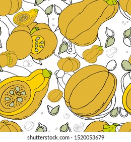 Seamless pattern. Autumn pumpkins and seeds.