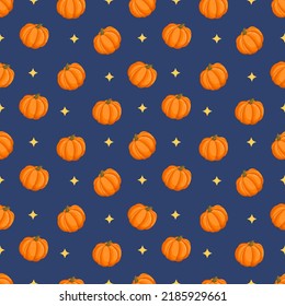 Seamless pattern with autumn pumpkins and stars. October harvest. Thanksgiving and Halloween. Vector illustration for fabrics, textures, wallpapers, posters, cards. Editable elements.