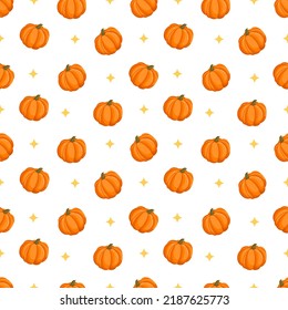 Seamless pattern with autumn pumpkins and stars. October harvest. Thanksgiving and Halloween. Vector illustration for fabrics, textures, wallpapers, posters, cards. Editable elements.