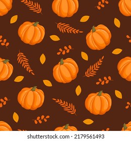 Seamless pattern with autumn pumpkins and yellow leaves. October harvest. Thanksgiving and Halloween. Vector illustration for fabrics, textures, wallpapers, posters, cards. Editable elements.