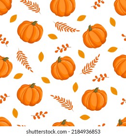 Seamless pattern with autumn pumpkins and yellow leaves. October harvest. Thanksgiving and Halloween. Vector illustration for fabrics, textures, wallpapers, posters, cards. Editable elements.