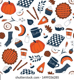 Seamless pattern of autumn related objects. For paper, textiles, fabric, crafts print and design.