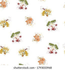 Seamless pattern with an autumn pattern of rowan branches, oak leaves, maple and acorns. Vector sketch. Use for backgrounds, banners, advertisements, web designs, packaging, fabrics, wallpapers.