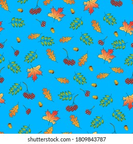Seamless pattern with an autumn pattern of rowan branches, oak leaves, maple and acorns. Vector sketch. Use for backgrounds, banners, advertisements, web designs, packaging, fabrics, wallpapers.