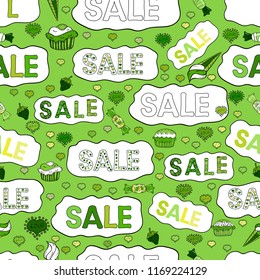 Seamless pattern. Autumn Sale banner. Lettering. Vector illustration. Vintage design. Lettering in green, white and black colors.