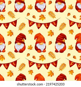 Seamless pattern with autumn Scandinavian gnomes, the inscription fall and autumn leaves on light background for Thanksgiving