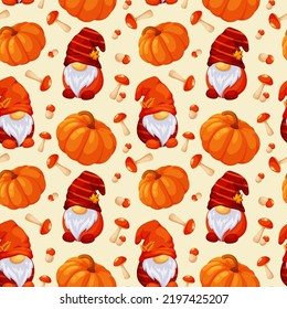 Seamless pattern with autumn Scandinavian gnomes, pumpkin and mushrooms on light background