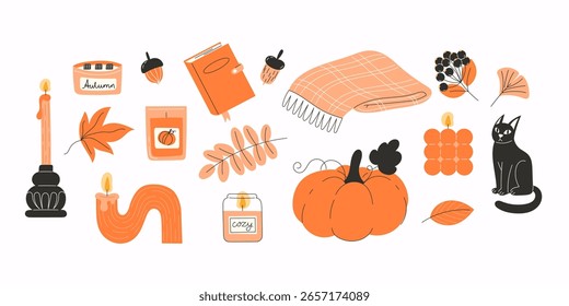 Seamless Pattern of Autumn Scented Candles and Fall Leaves in Flat Style with Warm Yellow and Orange Colors