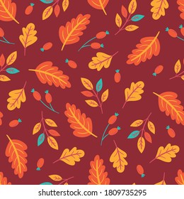 Seamless pattern for autumn season with fall leaves and berries. Childish background for fabric, wrapping paper, textile, wallpaper and apparel. Vector Illustration