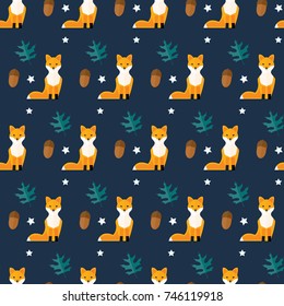 seamless pattern autumn season fox acorn leaf star on blue background vector wallpaper textiles