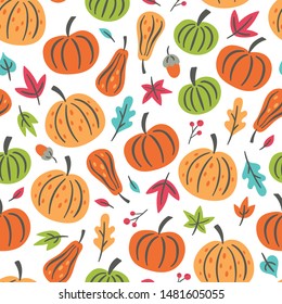 Seamless pattern for autumn season with pumpkin and fall leaves. Childish background for fabric, wrapping paper, textile, wallpaper and apparel. Vector Illustration