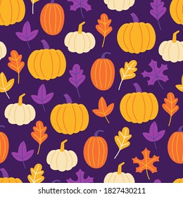 Seamless pattern for autumn season with pumpkin and fall leaves. Childish background for fabric, wrapping paper, textile, wallpaper and apparel. Vector Illustration