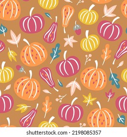 Seamless pattern for autumn season with pumpkin and fall leaves. Childish background for fabric, wrapping paper, textile, wallpaper and apparel. Vector Illustration