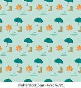 seamless pattern autumn season rain umbrella leaf puddle boots on blue background vector wallpaper textiles kids