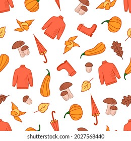 Seamless pattern of autumn set of items, vector wallpaper doodle style fall mood