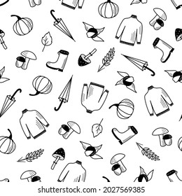 Seamless pattern of autumn set of items, vector wallpaper doodle style fall mood