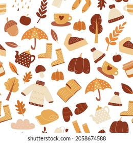 Seamless pattern of autumn set of items, vector wallpaper doodle style fall mood. Pattern for wrapping paper or fabric